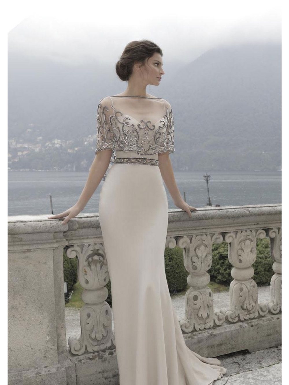 Tarik Ediz Ivory Embellished Sheath Maxi Dress